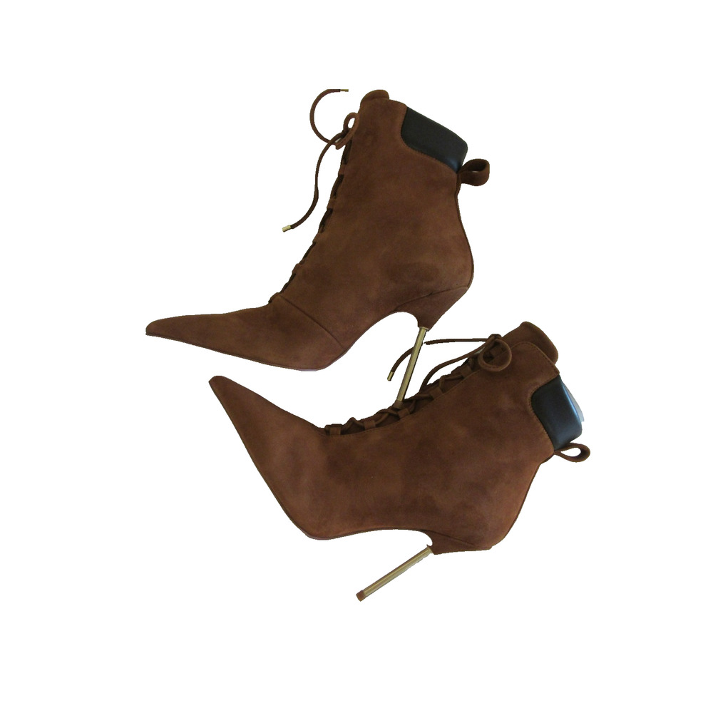 GOOD AMERICAN Suede Tobacco 7 1/2 Lace Up Pointed Toe Ultra High Heel Boots - Picture 5 of 6